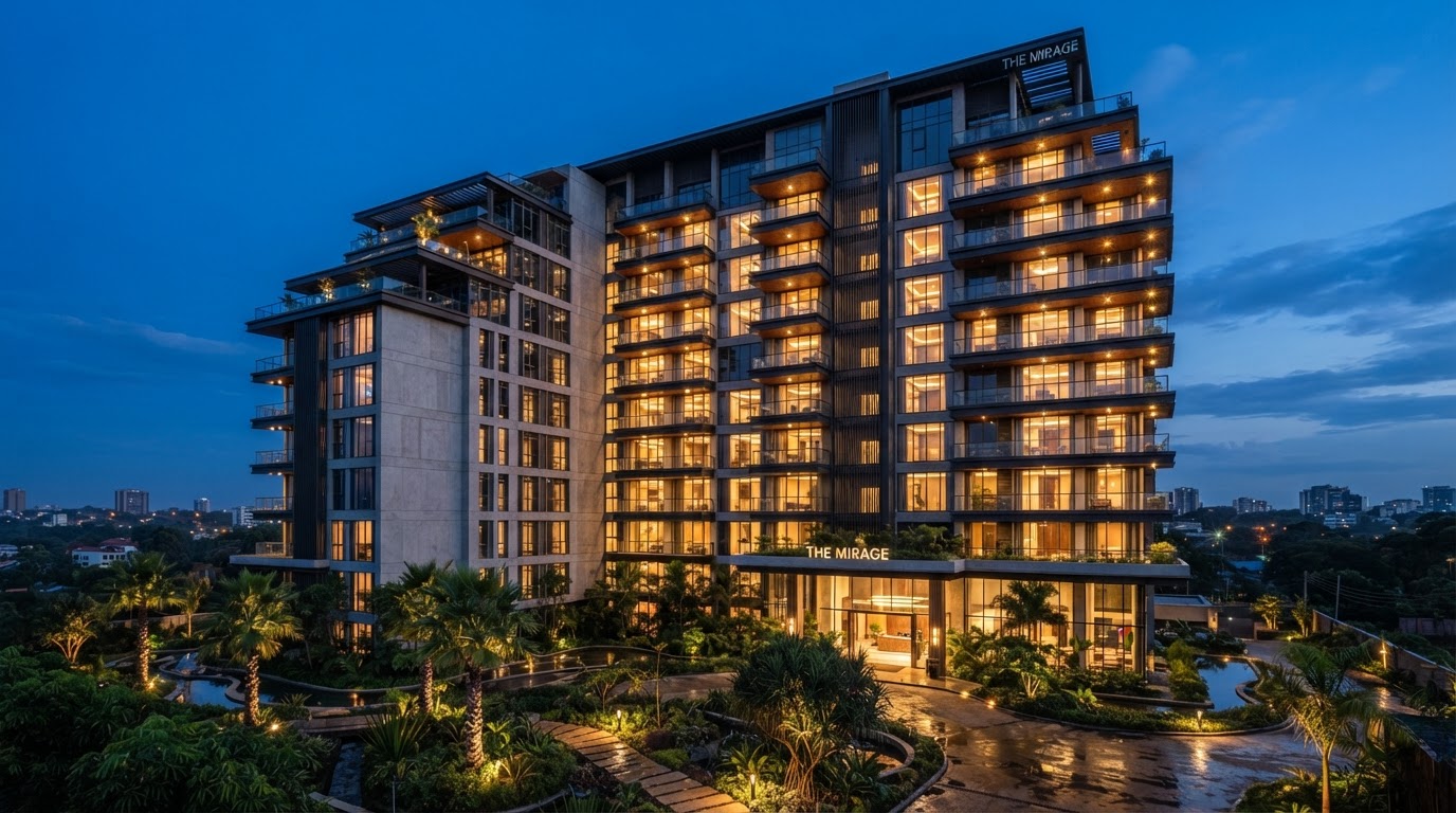 A modern Nairobi apartment building at dusk with its interior lights on